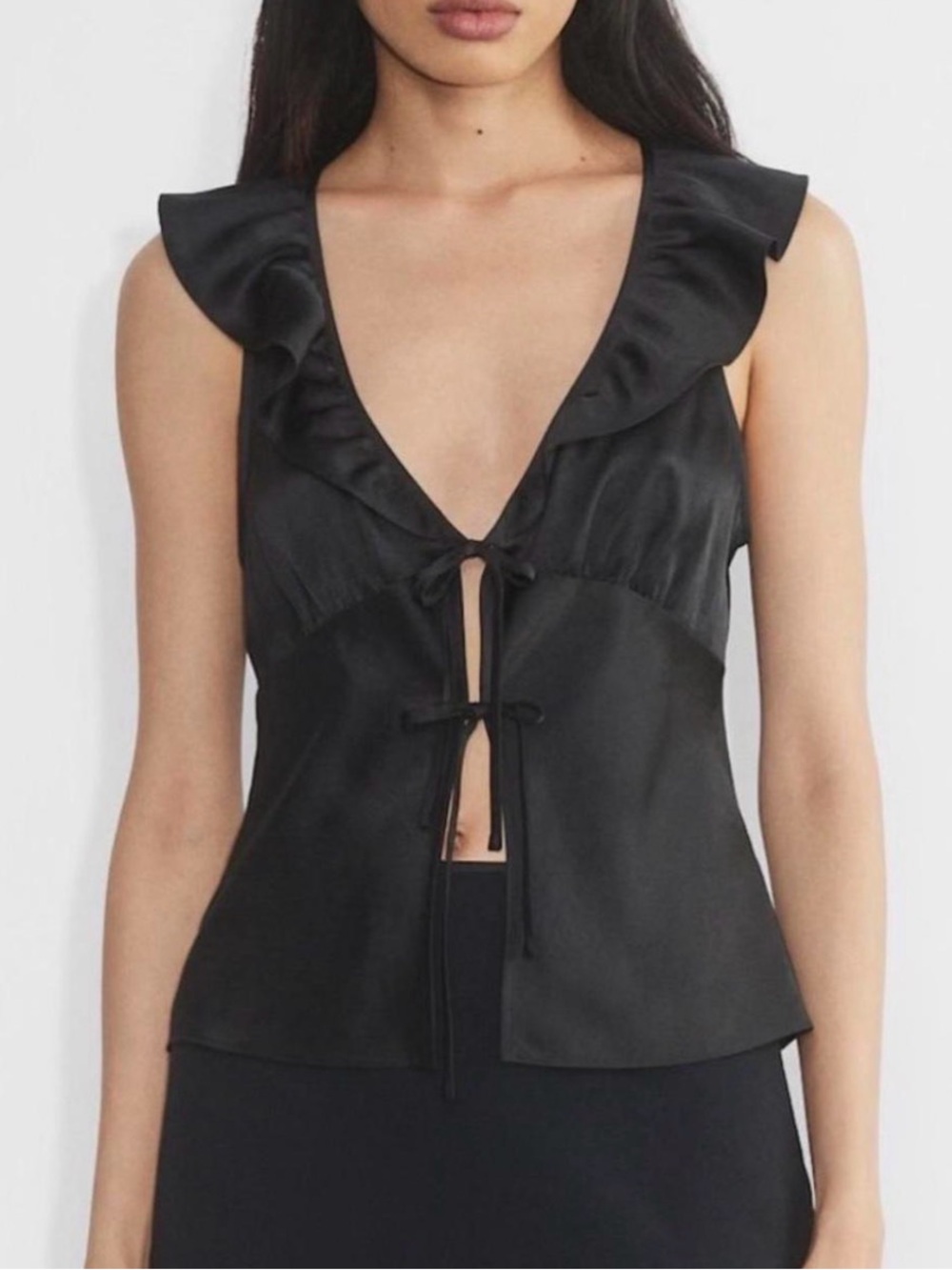 Wilfred Black Satin Ruffle Tie-Front Sleeveless Blouse